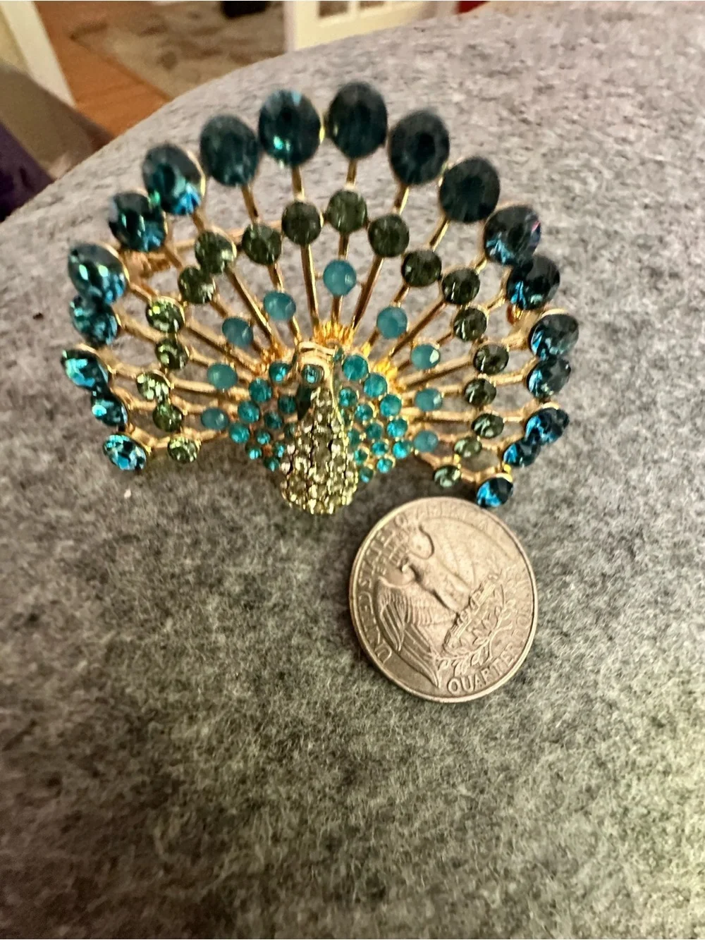 Peacock Fan Rhinestone Brooch in Teal and Aqua